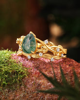 RAINA Pear Shaped Moss Agate Engagement Ring Set Nature Inspired Leaf Bridal Ring Set